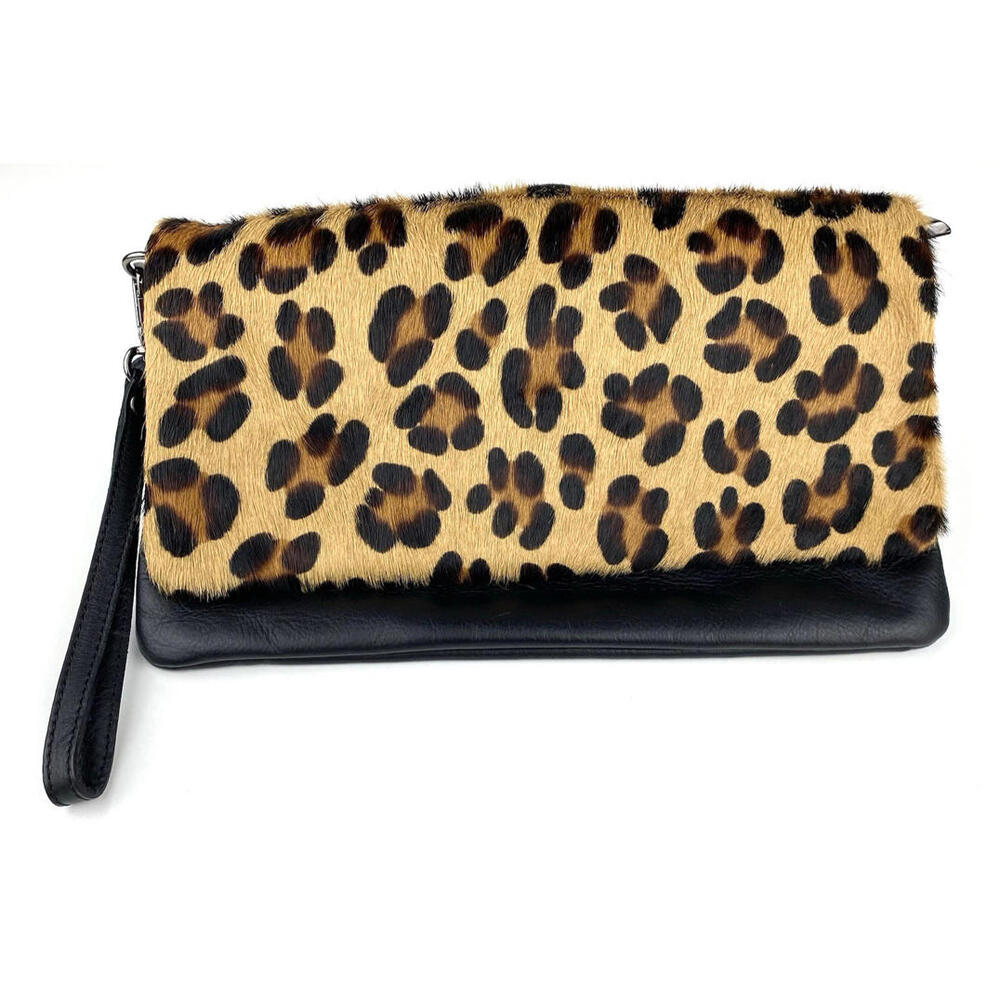 VTG Italian Clutch Leather Bag Flap Vera Pelle Crossbody Wristlet Leopard EUC